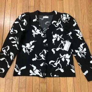NWT Nine West LARGE Black White Puffed Sleeve Cardigan Abstract Polyester
